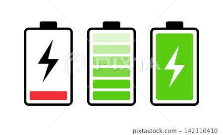 Battery icon vector set . Charge levels and a charging state illustration Battery icon vector set . Charge levels and a charging state illustration 142110410