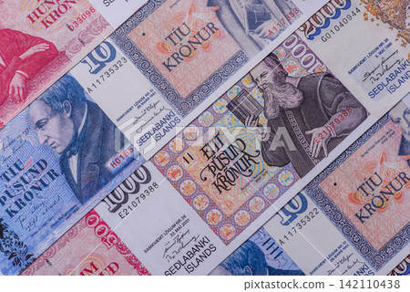 Iceland, Icelandic paper banknotes krona for settlements and financial transactions. Icelandic krona 142110438