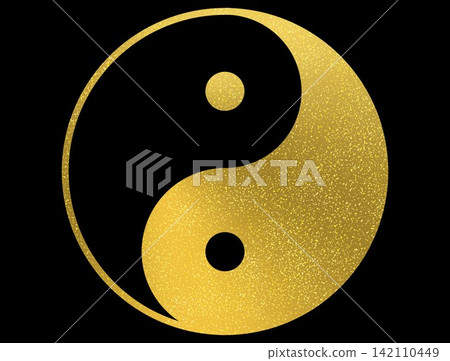 Golden Taijitu (Yin-Yang symbol) illustration on a black background 142110449