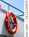 Orange lifebuoy on a boat illustrates maritime safety and essential emergency preparedness in waterfront environments.  142110459