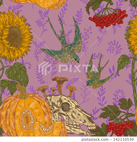 seamless pattern with pumpkins and sunflowers seamless pattern with pumpkins and sunflowers 142110530