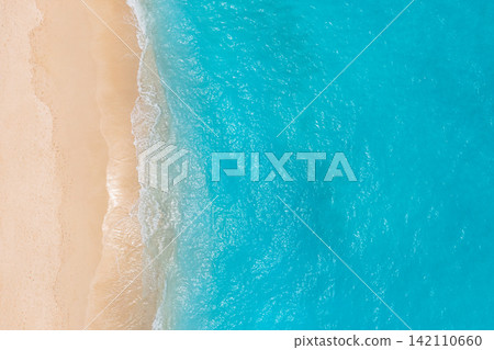 Mesmerizing beach from above turquoise waves rolling onto powdery shore glassy azure shallows. Minimal seascape design backdrop wall art. Coastal drone abstract wallpaper decor Mesmerizing beach from above turquoise waves rolling onto powdery shore glassy azure shallows. Minimal seascape design backdrop wall art. Coastal drone abstract wallpaper decor 142110660