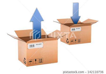 Delivery boxes with up and down arrows for shipping logistics. 3D rendering 142110736