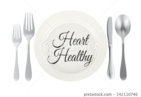 Heart Healthy plate with cutlery for cardiovascular nutrition. 3D rendering Heart Healthy plate with cutlery for cardiovascular nutrition. 3D rendering 142110740