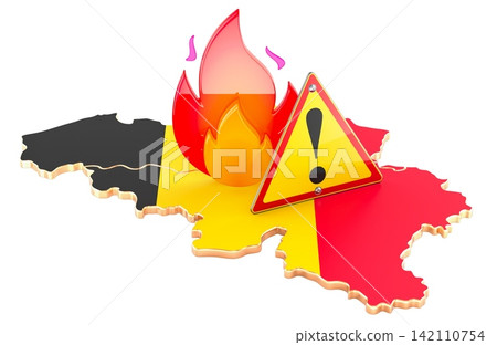 Belgium map with wildfire warning sign, fire hazard concept. 3D rendering Belgium map with wildfire warning sign, fire hazard concept. 3D rendering 142110754