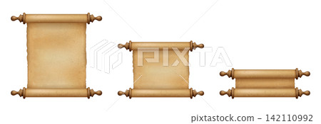Set of ancient parchment scroll stages from fully unrolled to tightly rolled. Historical paper manuscript elements isolated on transparent background. Realistic vector illustration Set of ancient parchment scroll stages from fully unrolled to tightly rolled. Historical paper manuscript elements isolated on transparent background. Realistic vector illustration 142110992
