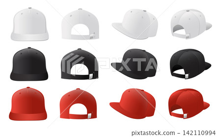 Set of baseball caps in different colors isolated on transparent background. Realistic vector illustration of casual headwear for fashion design, branding mockups and apparel concepts 142110994