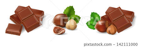 Set of chocolate cubes with hazelnuts isolated on transparent background. Realistic vector illustration of dessert ingredients for confectionery design, packaging and sweet food themes Set of chocolate cubes with hazelnuts isolated on transparent background. Realistic vector illustration of dessert ingredients for confectionery design, packaging and sweet food themes 142111000