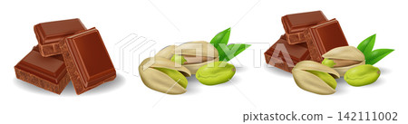 Set of chocolate cubes with pistachios isolated on transparent background. Realistic vector illustration of dessert ingredients for confectionery design, packaging and sweet food themes Set of chocolate cubes with pistachios isolated on transparent background. Realistic vector illustration of dessert ingredients for confectionery design, packaging and sweet food themes 142111002