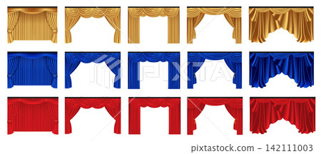 Set of theater curtains in gold, blue and red colors isolated on transparent background. Realistic vector illustration of stage drapery for performance, show, cinema and theater design 142111003