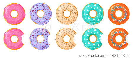 Set of donuts in different colors and flavors isolated on transparent background. Realistic vector illustration of sweet bakery desserts for food design, menu, packaging and cafe themes Set of donuts in different colors and flavors isolated on transparent background. Realistic vector illustration of sweet bakery desserts for food design, menu, packaging and cafe themes 142111004