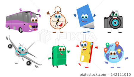 Set of cute travel objects with eyes and hands including suitcase, ticket and camera. Flat vector illustration of funny tourism characters isolated on transparent background Set of cute travel objects with eyes and hands including suitcase, ticket and camera. Flat vector illustration of funny tourism characters isolated on transparent background 142111010