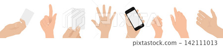 Set of human hands in different poses pressing buttons or touching surfaces. Flat vector illustration isolated on transparent background for interface, technology and design concepts Set of human hands in different poses pressing buttons or touching surfaces. Flat vector illustration isolated on transparent background for interface, technology and design concepts 142111013