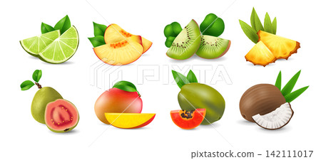 Set of tropical fruits including lime, peach, kiwi, pineapple and more isolated on transparent background. Realistic vector illustration for food, beverage, and summer design themes Set of tropical fruits including lime, peach, kiwi, pineapple and more isolated on transparent background. Realistic vector illustration for food, beverage, and summer design themes 142111017