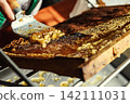 Beekeeper uncapping honeycomb frame with uncapping fork tool for honey extraction process 142111031