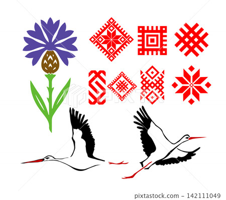 ornament for printing Slavic national with a flying stork. Hand drawn. Not AI, vector illustration. ornament for printing Slavic national with a flying stork. Hand drawn. Not AI, vector illustration. 142111049