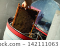 Beekeeper loading wooden frame with honeycomb into centrifugal honey extractor machine 142111063