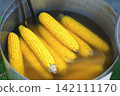 Fresh yellow corn on cob cooking in large metal pot filled with hot water. Boiled corn represents seasonal food preparation, summer street food, simple vegetable cooking 142111170