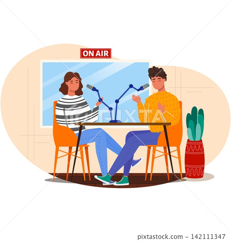Man host and woman streaming live radio podcast Man host and woman streaming live radio podcast 142111347