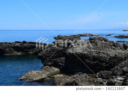 長著奇石的岩石海岸的莊內海岸的岩石景觀 142111607