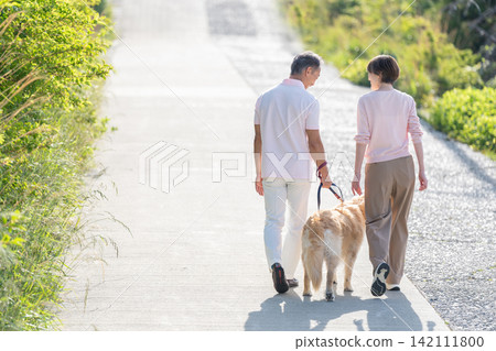 Senior couple walking a dog Senior couple walking a dog 142111800