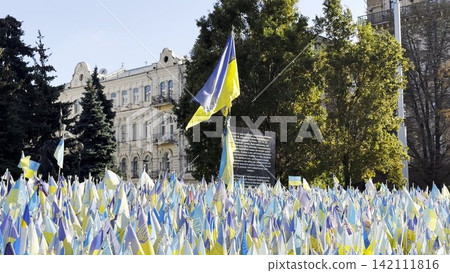 Many small blue-yellow flags with names of the dead war against russia. Memorial of the fallen soldiers, children, women in the capital of Ukraine. Concept of tragedy and misfortune. Close up Many small blue-yellow flags with names of the dead war against russia. Memorial of the fallen soldiers, children, women in the capital of Ukraine. Concept of tragedy and misfortune. Close up 142111816