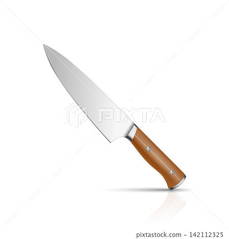 Chef Knife with Reflection, 3d Vector Illustration. Kitchen Cooking Knife with Wooden Handle. Professional Stainless Steel Blade for Food Preparation. Restaurant and Home Cooking Utensil Chef Knife with Reflection, 3d Vector Illustration. Kitchen Cooking Knife with Wooden Handle. Professional Stainless Steel Blade for Food Preparation. Restaurant and Home Cooking Utensil 142112325