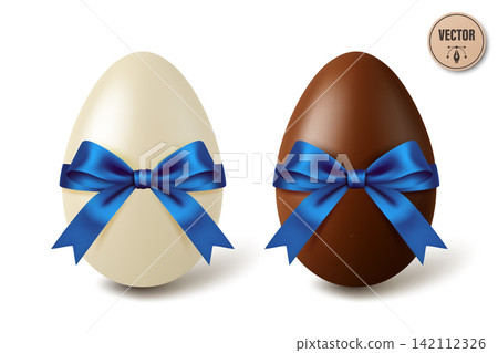 Vector 3d White and Black Chocolate Easter Eggs with Blue Satin Bows, Isolated. Sweet Holiday Gift Illustration. Festive Spring Dessert Decoration. Candy Surprise Concept Vector 3d White and Black Chocolate Easter Eggs with Blue Satin Bows, Isolated. Sweet Holiday Gift Illustration. Festive Spring Dessert Decoration. Candy Surprise Concept 142112326