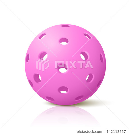 Vector Realistic Pickleball Ball with Reflection. Pink Perforated Plastic Ball for Pickleball Sport. Court Game, Training, Competition, Recreation, Sports Equipment, Fitness Design Vector Realistic Pickleball Ball with Reflection. Pink Perforated Plastic Ball for Pickleball Sport. Court Game, Training, Competition, Recreation, Sports Equipment, Fitness Design 142112337