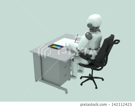 人機共存；人工智慧在辦公室的應用場景；人工智慧機器人在辦公室的辦公桌前工作。 142112423