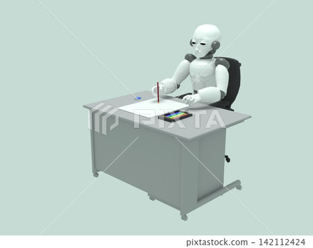 Human-AI coexistence; office scenes with AI; AI robots working at desks in the office. Human-AI coexistence; office scenes with AI; AI robots working at desks in the office. 142112424