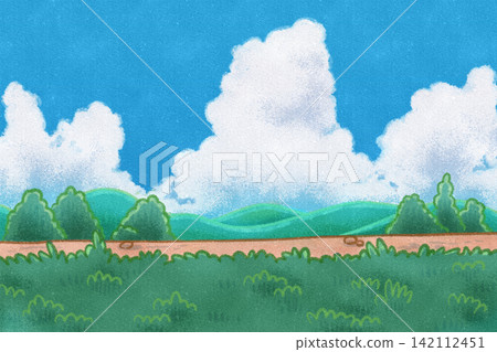 夏日天空與草原景色-手繪插圖 夏日天空與草原景色-手繪插圖 142112451