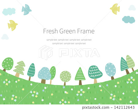 A Scandinavian-style landscape frame illustration featuring trees arranged in a curved line. A Scandinavian-style landscape frame illustration featuring trees arranged in a curved line. 142112643