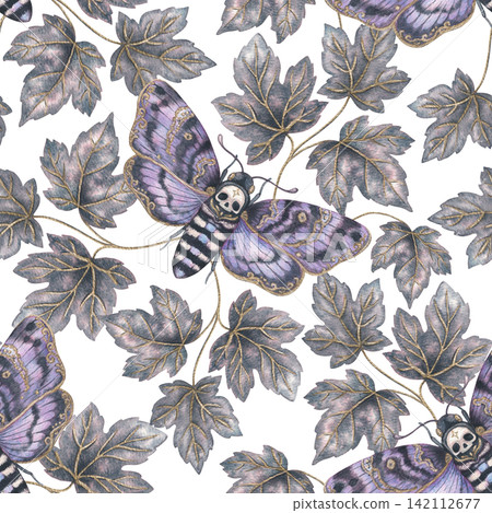 Death head moth with gray ivy leaves seamless pattern. Hand drawn watercolor witchcraft botanical background. Texture graphic for halloween design. Dark decorative repeat for fabric or wallpaper. Death head moth with gray ivy leaves seamless pattern. Hand drawn watercolor witchcraft botanical background. Texture graphic for halloween design. Dark decorative repeat for fabric or wallpaper. 142112677