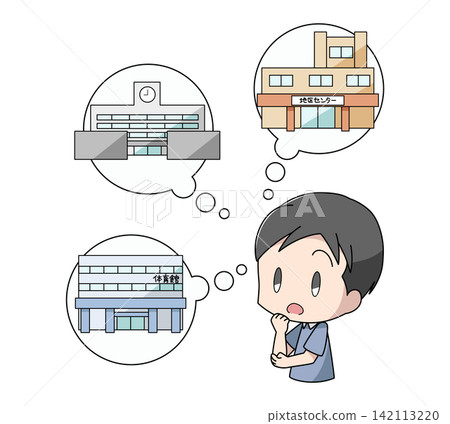 An illustration of a man thinking about evacuation shelters during disasters. An illustration of a man thinking about evacuation shelters during disasters. 142113220