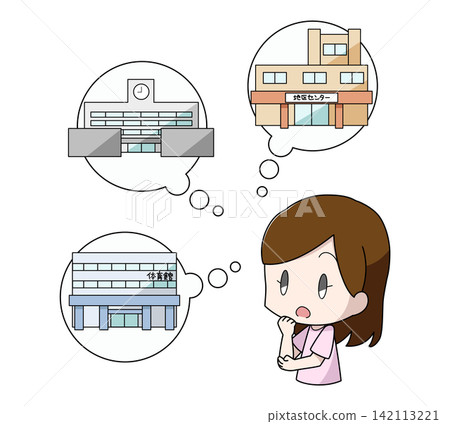 An illustration of a woman thinking about evacuation shelters during disasters. An illustration of a woman thinking about evacuation shelters during disasters. 142113221