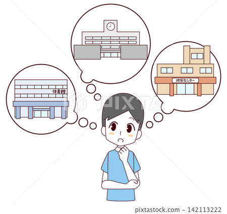 An illustration of a man thinking about evacuation shelters during disasters. An illustration of a man thinking about evacuation shelters during disasters. 142113222