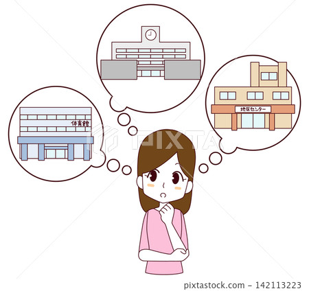 An illustration of a woman thinking about evacuation shelters during disasters. An illustration of a woman thinking about evacuation shelters during disasters. 142113223