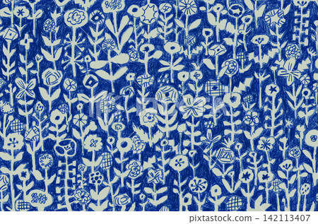 Blue hand-painted floral and plant pattern Blue hand-painted floral and plant pattern 142113407