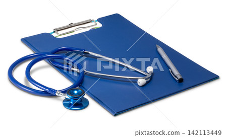 A stethoscope and medical records on a table. Medical image A stethoscope and medical records on a table. Medical image 142113449