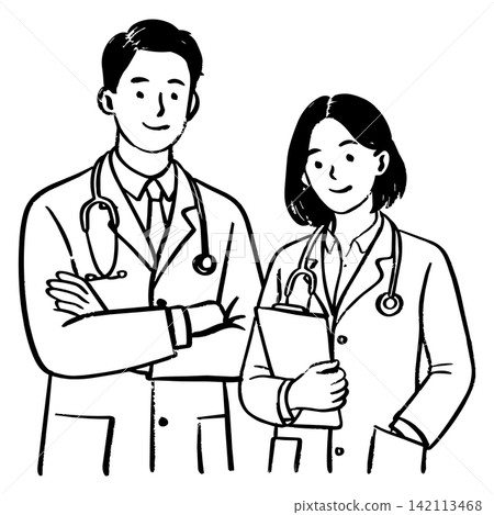 Black and white doodle of young male and female healthcare workers standing together Black and white doodle of young male and female healthcare workers standing together 142113468