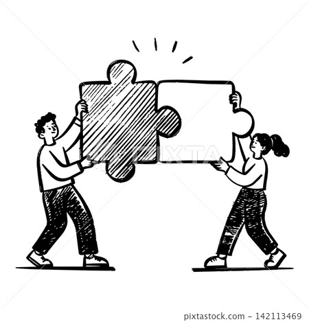 Hand drawn illustration of man and woman connecting two giant puzzle pieces together isolated on white background Hand drawn illustration of man and woman connecting two giant puzzle pieces together isolated on white background 142113469