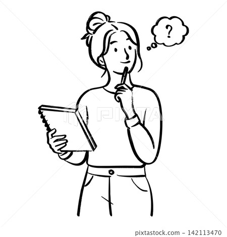 Woman holding notebook thinking with question mark bubble above head line art vector illustration 142113470