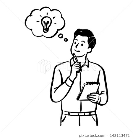 Hand drawn line art of a man thinking with glowing light bulb concept isolated on white background Hand drawn line art of a man thinking with glowing light bulb concept isolated on white background 142113471