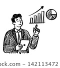 Businessman holding tablet pointing at rising bar chart and pie graph sketch illustration 142113472