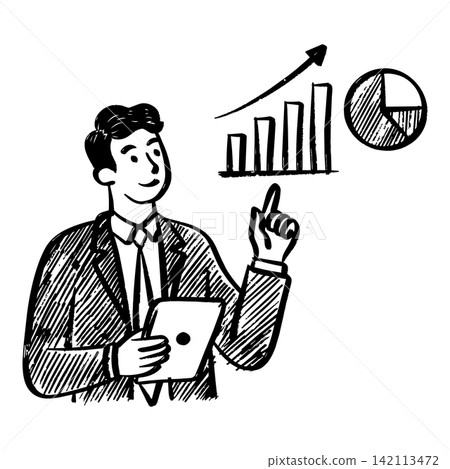Businessman holding tablet pointing at rising bar chart and pie graph sketch illustration 142113472
