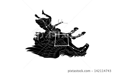 秋季大四邊形的黑白插圖(星座、星座線和四邊形的剪影影像,帶有白色輪廓)。 秋季大四邊形的黑白插圖(星座、星座線和四邊形的剪影影像,帶有白色輪廓)。 142114743