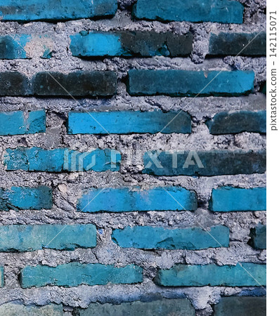 Brick wall painted bright cyan and teal, with rough cement mortar. Brick wall painted bright cyan and teal, with rough cement mortar. 142115071