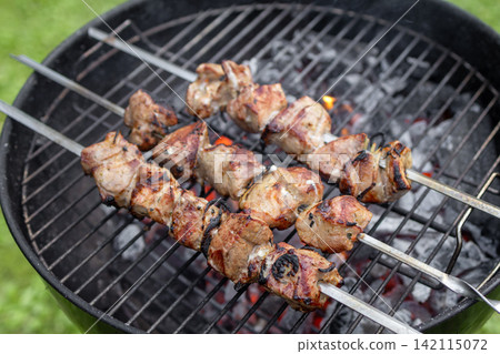 Marinated Meat Skewers Grilling on Charcoal Barbecue in Garden Marinated Meat Skewers Grilling on Charcoal Barbecue in Garden 142115072