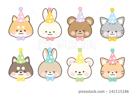 A set of animal face icons wearing party hats and bow ties. A set of animal face icons wearing party hats and bow ties. 142115286